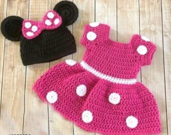 Handmade Christmas Woolen Outfit For Toddlers With Mickey Cap | Wimter Festive Dress Set - 12-18 Months